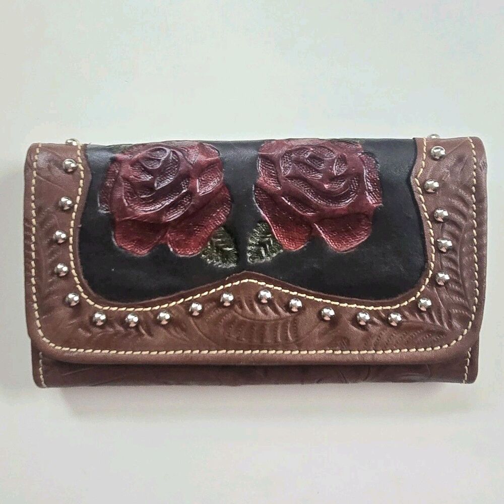 American West Tooled Leather Trifold Wallet With Studded Detail And Roses